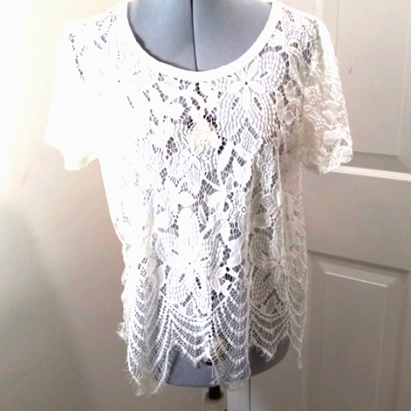 BKE.Boutique, White Lace Top with Eyelash Fringe Sz Med - Picture 2 of 6